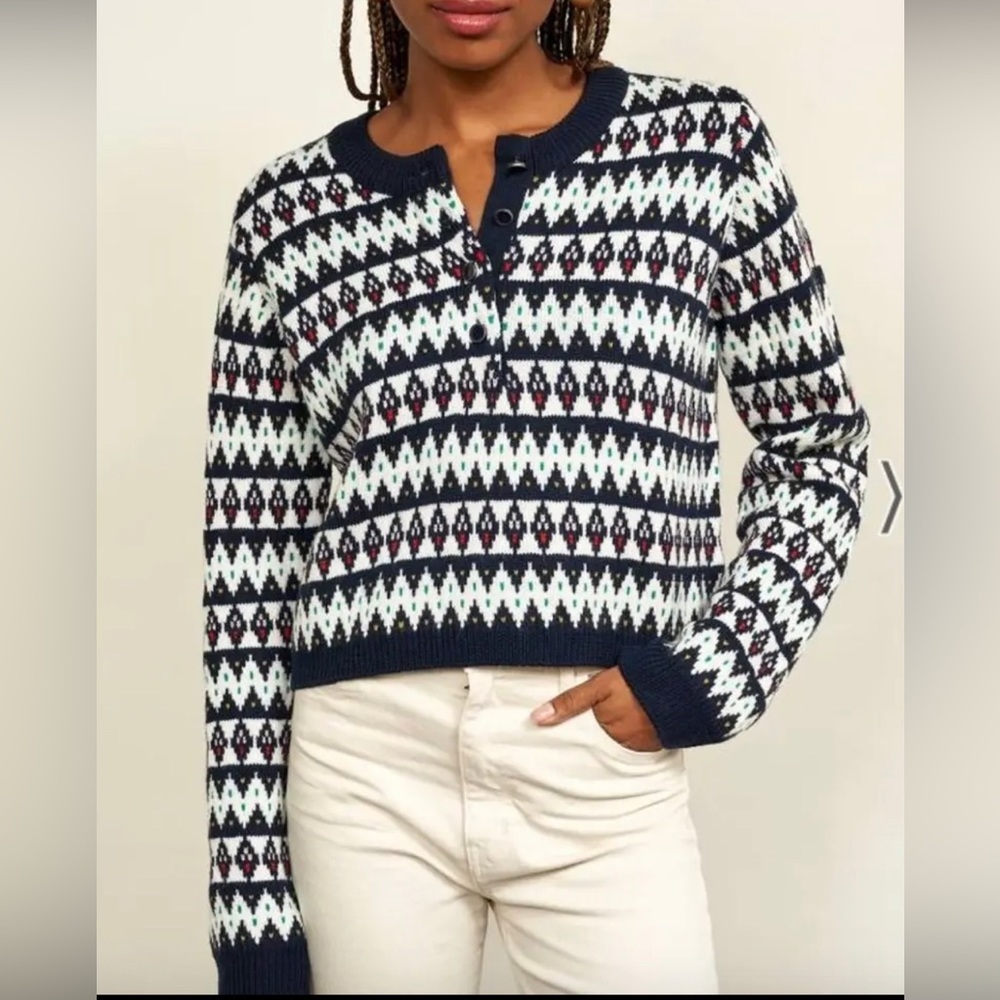 La Ligne Navy Wool Fair Isle Henley Sweater
